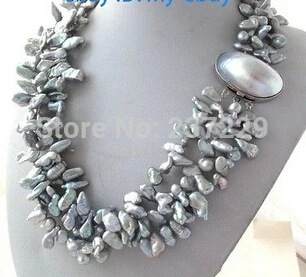 

3Strands Gray Petal Keshi Keishi Pearl Necklace Mabe Clasp