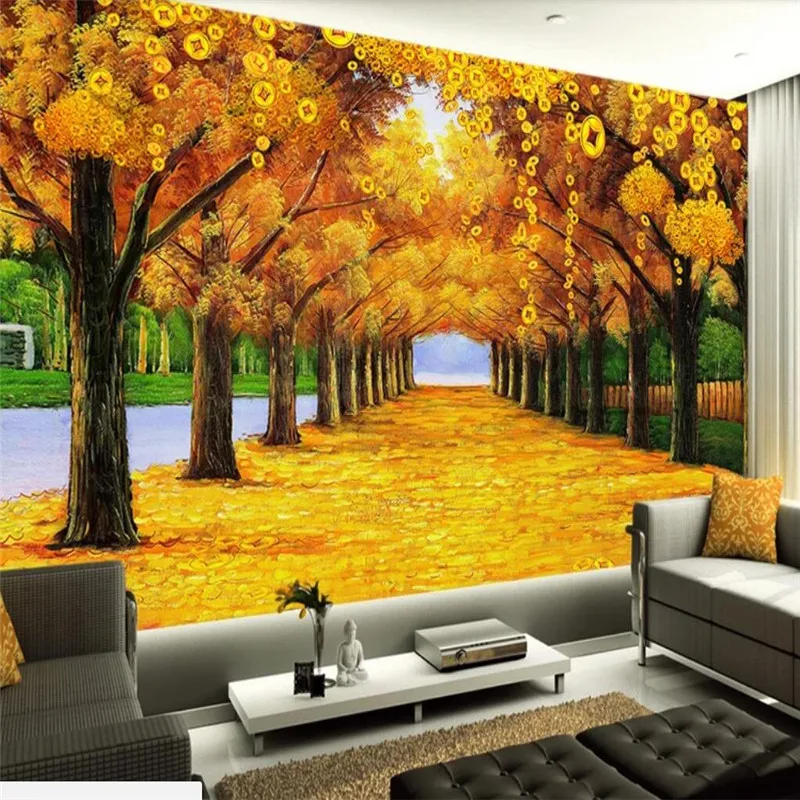 

wellyu Custom Large Photo Mural 3D обои Money Tree Golden Avenue TV Background Wall paper Decorative Painting 3d papel de parede