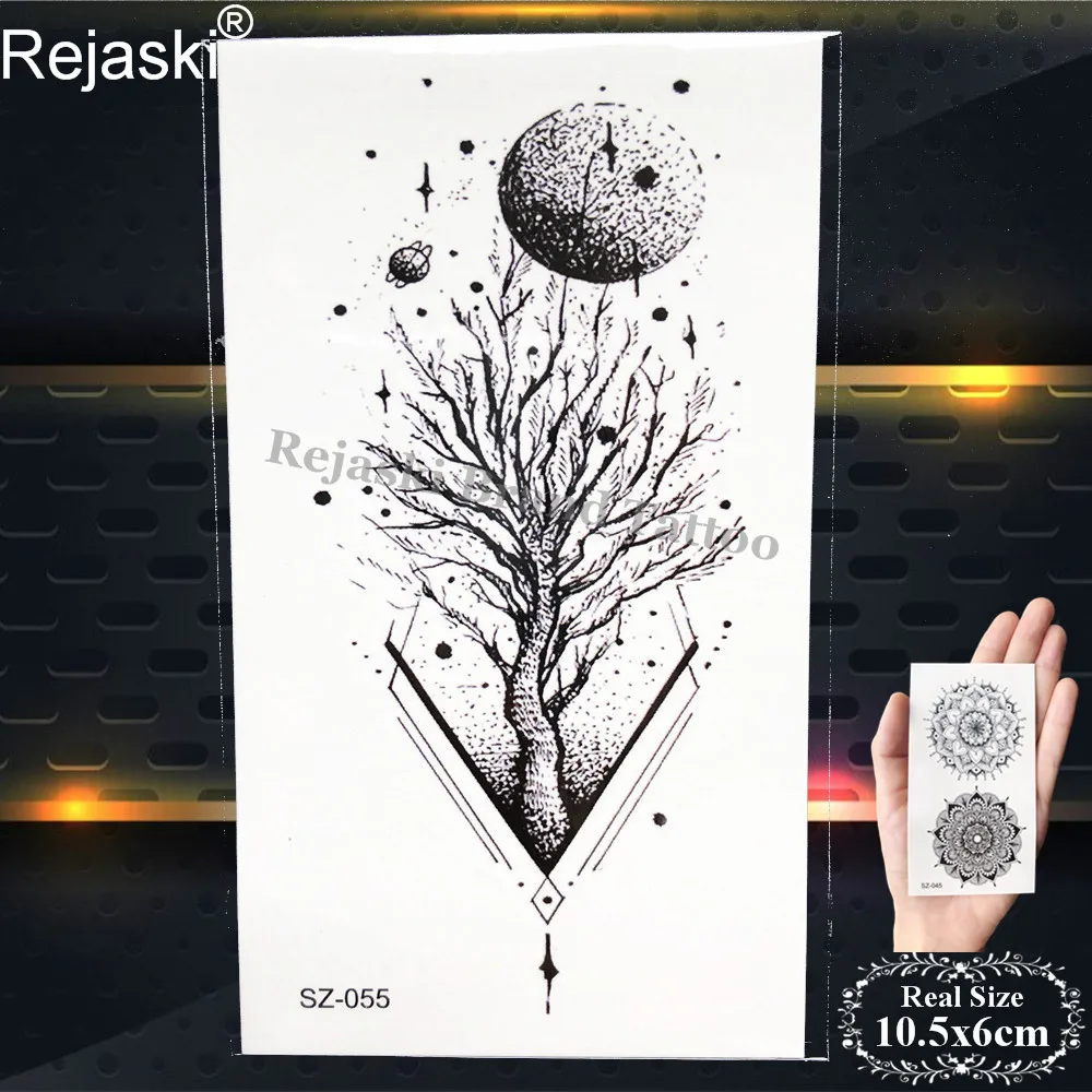 Rejaski тело руки и ноги Мода татуировки наклейки Женщины Луна Дерево планеты Геометрическая лиса временная татуировка Мужчины лодыжки ноги фальшивые татуировки
