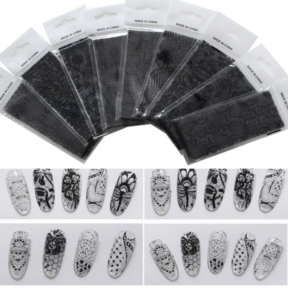 9 шт./лот переводная Фольга для ногтевого дизайна белые черные кружевные наклейки