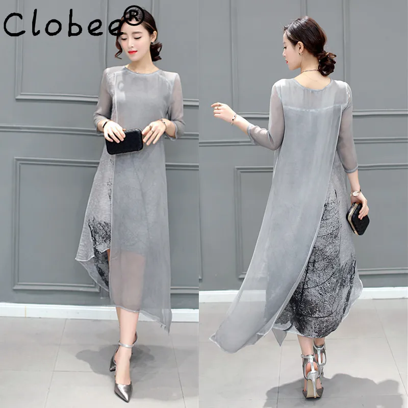 Платье женское хлопково-льняное длинное с принтом в стиле ретро повседневное