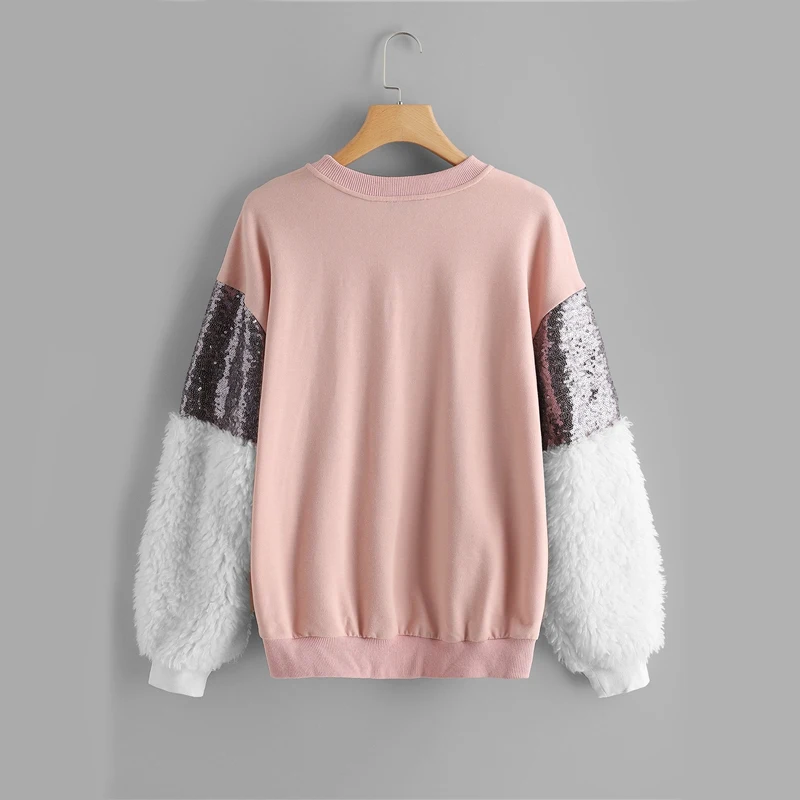 Dotfashion разноцветное контрастное платье из искусственного меха с длинным рукавом Толстовка Для женщин Повседневное осень с длинным рукавом женские пуловеры в консервативном стиле; свитер