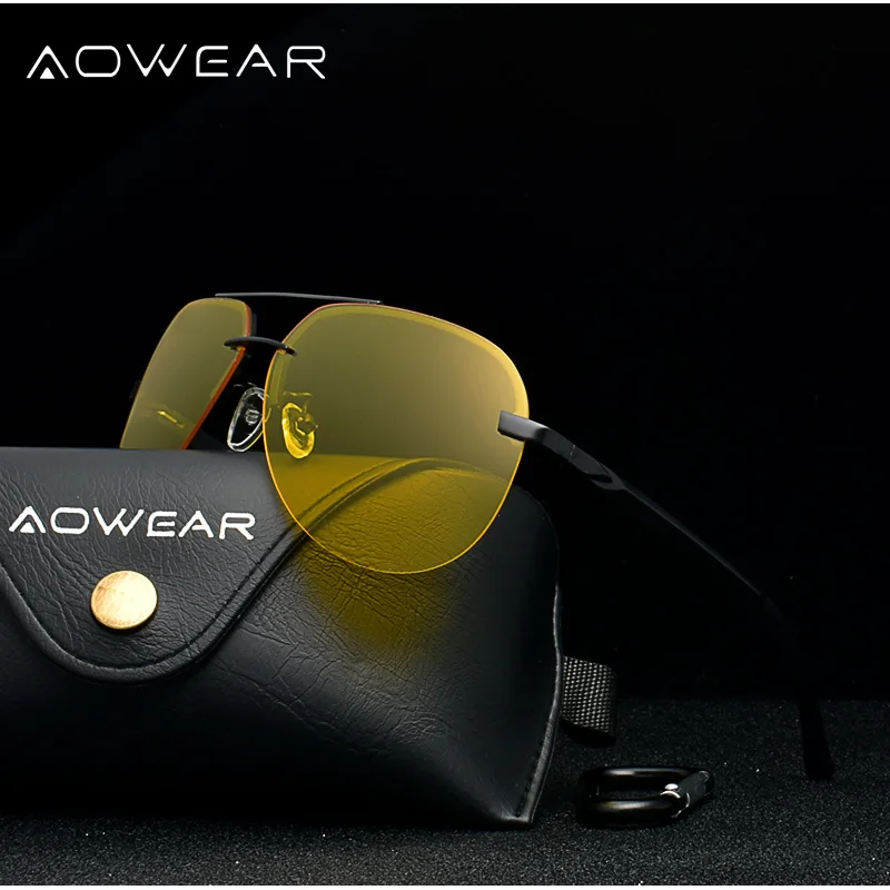 AOWEAR, без оправы, очки для ночного вождения, солнцезащитные очки, мужские, поляризационные, HD, очки для ночного видения, мужские, UV400, желтые, солнцезащитные очки, Gafas De Sol