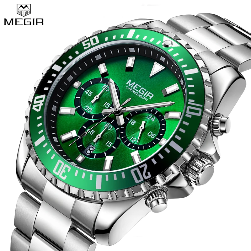 Megir Men's Green Dial Stainless Steel Quartz Watches Business Chronograph Analgue Man Wristwatch Waterproof Luminous Male Clock