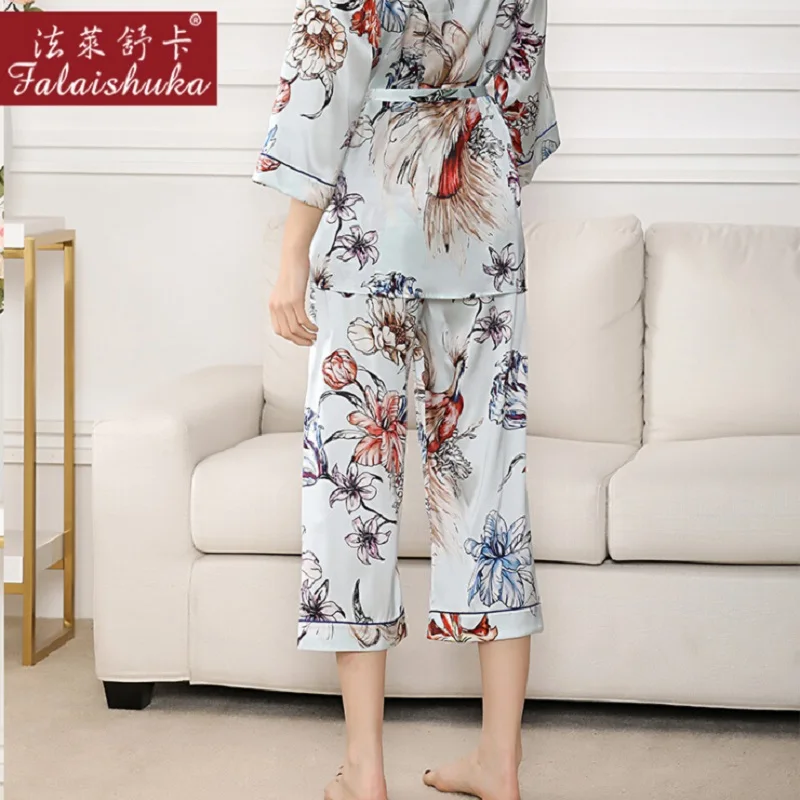 100% Silk Stain Pajamas Set Women Summer 2019 Flower print sleepwear sets night wear homewear long sleeve tops and pants set
