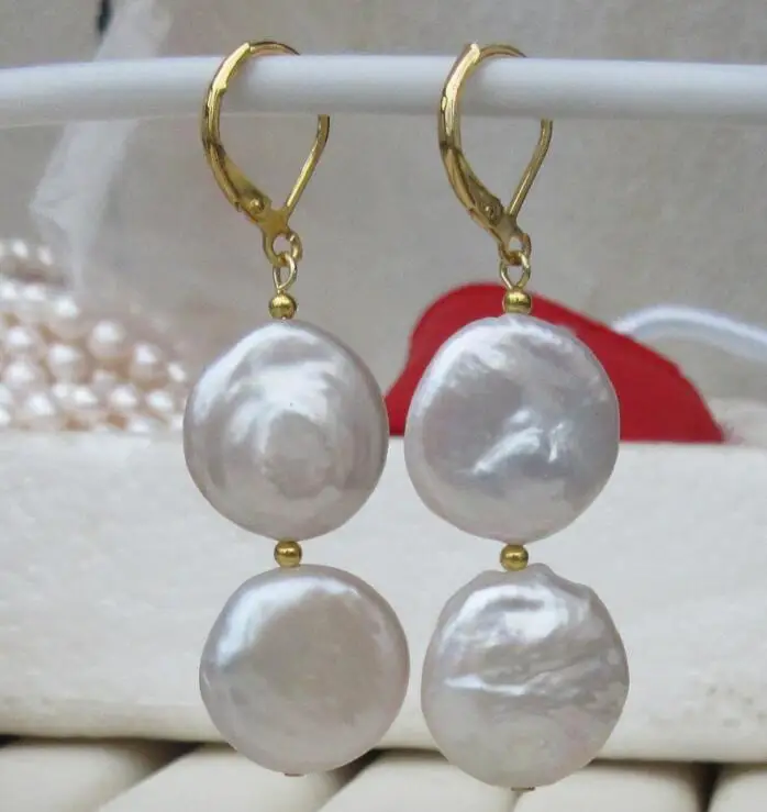 

GOLD PAIR OF 13-15MM south sea AAA++ WHITE COIN PEARL DANGLE BAROQUE EARRING
