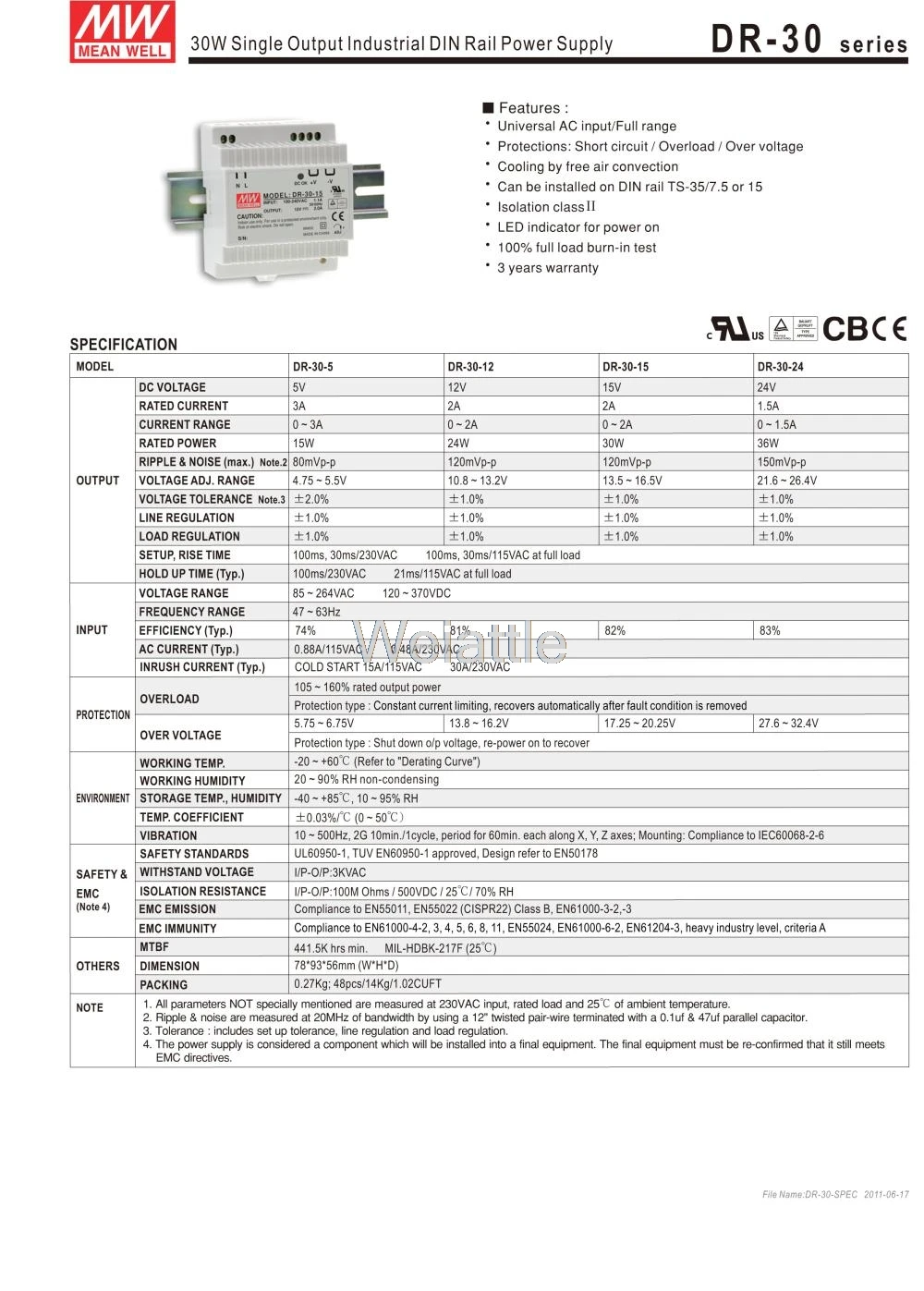 MEAN WELL DR-30-5 5V 12V 15V 24V 36W 30W 24W 3A 2A 1.5A промышленный din-рейка источник питания DR-30-12 DR-30-15 DR- 30-24