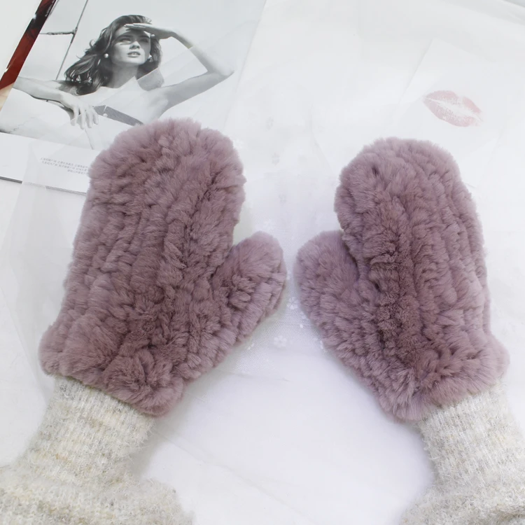 Зимние плотные вязаные перчатки из кроличьего меха Рекс кожаные варежки