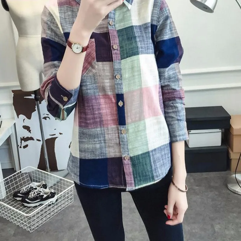 

2019 Spring Fashion Women Casual Loose Cotton Plus Size Multicolor Lattice Shirt Lady Long Sleeve Party Wear Blouses Crops Top