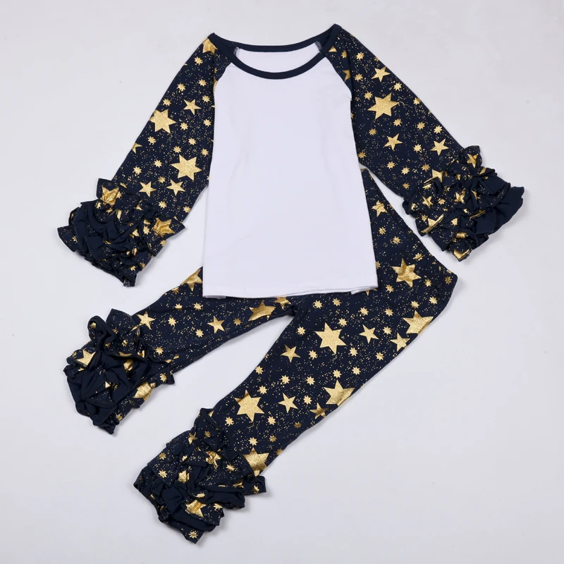Snow and Star printed Baby Girls Cotton Monogrammed Ruffle Long Sleeved Shirts with ruffle Raglan pants outfit set | Детская одежда и