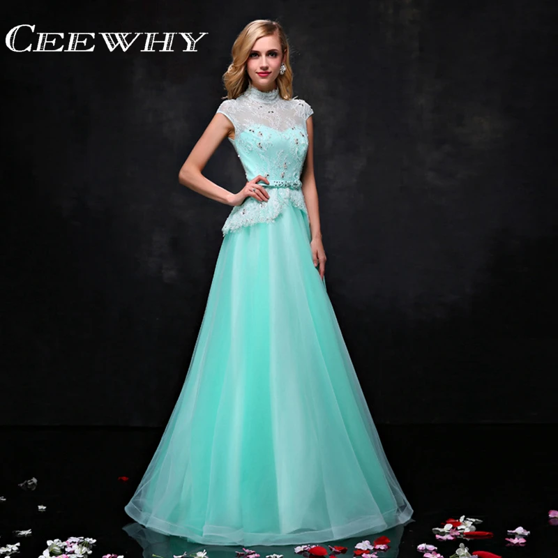 CEEWHY платье с высоким воротом длиной до пола мятно зеленое вышитое пляжное