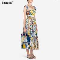 banulin new 2019 fashion runway summer dress womens bow spaghetti strap gorgeous floral print midi cotton dress vestidos