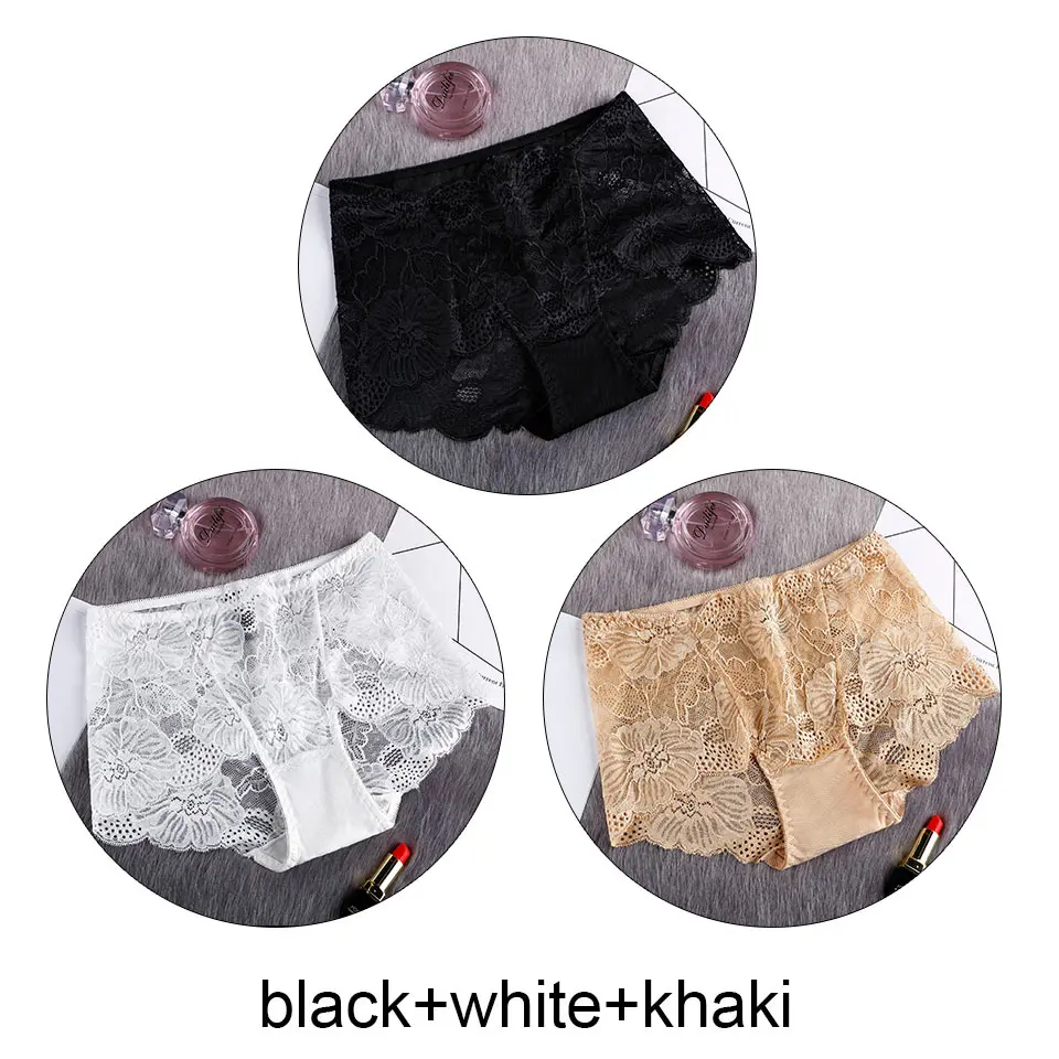 black white khaki 3 шт., женские трусы, партия, сексуальные кружевные трусы с высокой талией, прозрачное дышащее нижнее белье, бесшовное белье, Cullote Femme L-XXL - Цвет: black white khaki