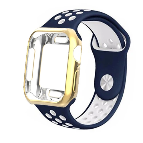 blue-white Ремешок+ чехол для Apple Watch 38 мм 40 мм 42 мм 44 мм браслет мягкий силиконовый спортивный ремешок для iWatch серии 5 4 3 2 1 - Цвет ремешка: blue-white