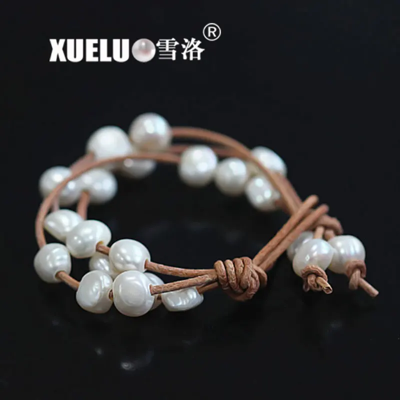 

XUELUO Trendy Multi Strands Real Leather Natural Cultured Baroque Fresh Water Pearl Bracelet