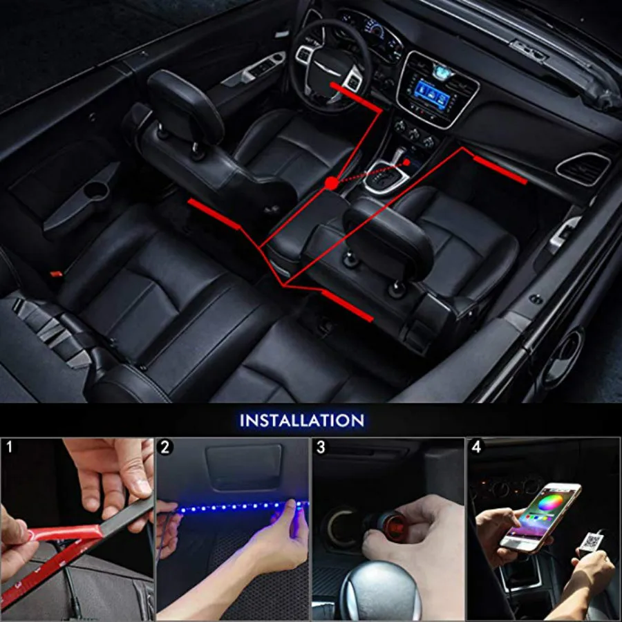 Подсветка салона автомобиля RGB Smart 4 шт. 36/48 светодиодов разноцветная музыка Bluetooth