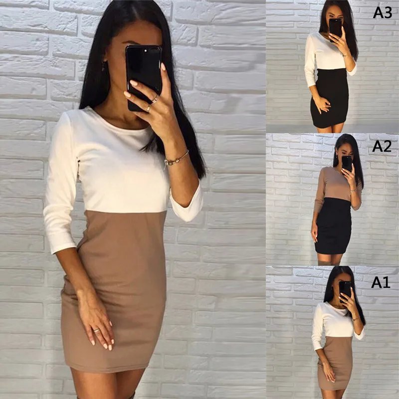 Women Color Block Dress Casual O Neck Bodycon Dress Contrast Color Stitching Seven-Point Sleeves Slim Slimming Casual Dress