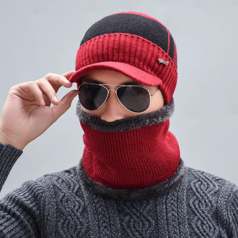 OZyc зимняя шапка Skullies Beanies шапки зимние шапочки для мужчин и женщин шерстяной шарф шапки Балаклава маска Gorras капот вязаная шапка - Цвет: red set