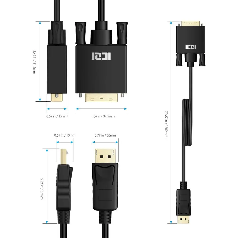 ICZI DisplayPort to DVI Cable 1.8m 3m DP Adapter Converter Male Gold-Plated Cord Black for Dell HP Lenovo etc |