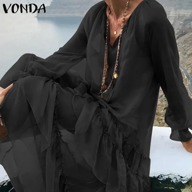 VONDA, макси платье для беременных, Robe Boheme Femme, сексуальное пляжное длинное платье, 5XL, элегантное однотонное пляжное платье размера плюс