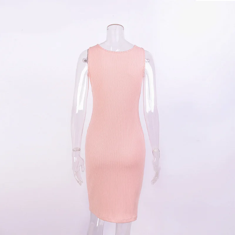 Розовый вязаный без рукавов летнее платье 2017 Ribbed Bodycon женщина Русский стиль