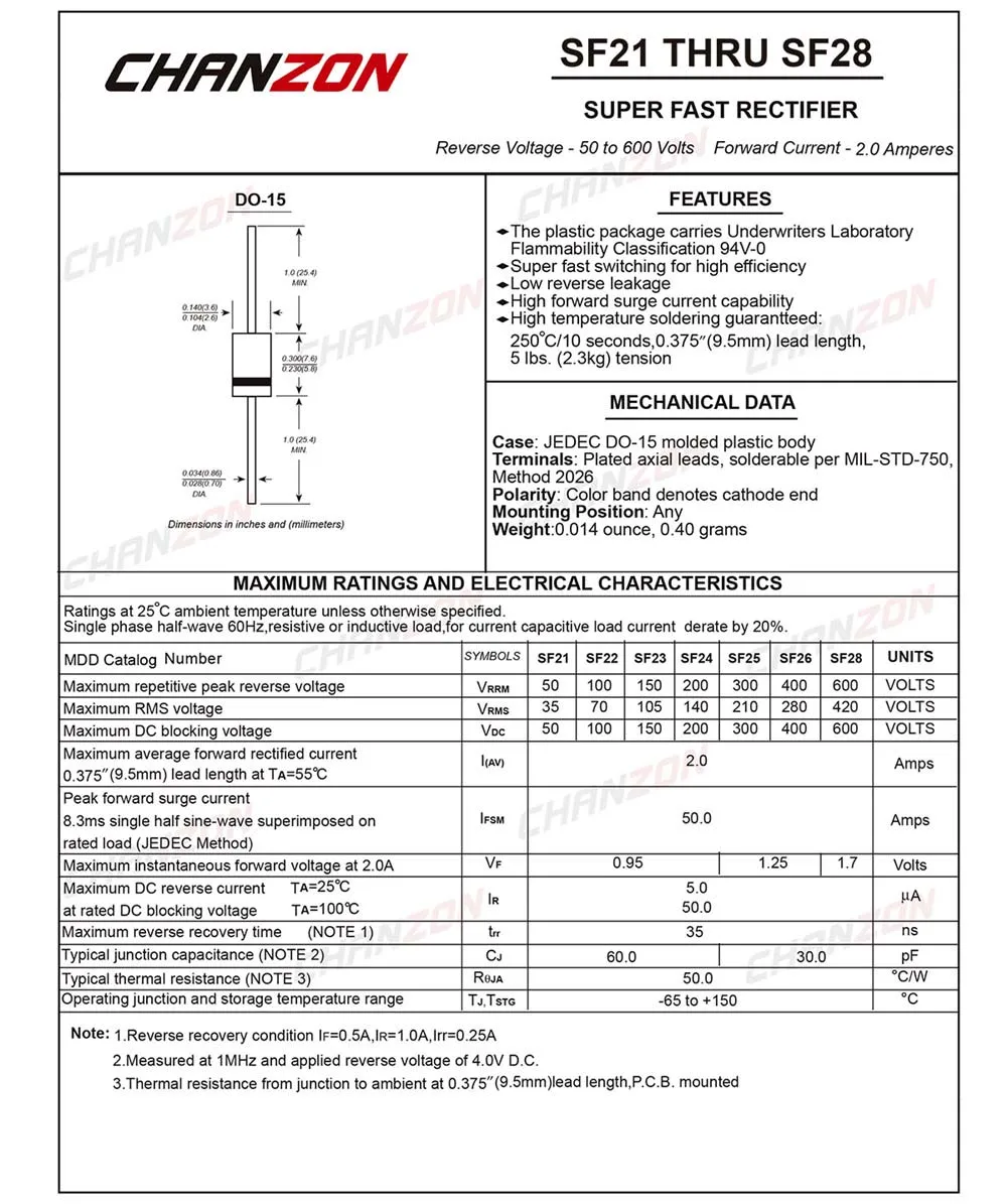 (100 шт.) SF28 супер быстрое восстановление выпрямительного диода 2A 600 V 35ns DO 15 (DO 204AC)