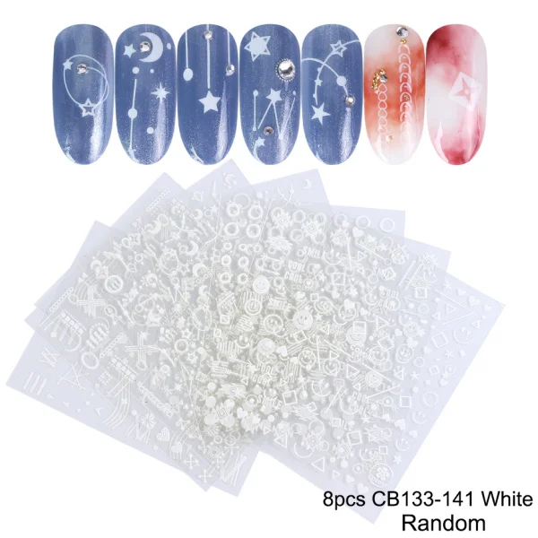 8pcs CB133-141 White 3D наклейки со звездами и цветами, наклейки для ногтей, клейкие накладки, черно-белые буквы, слайдер для дизайна ногтей, 3D аксессуары, украшения CHCB133-141 - Цвет: 8pcs CB133-141 White