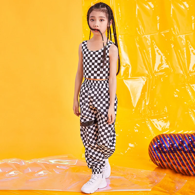 Jazz Dance Costumes Black Plaid Vest Pants Kids Hip Hop Street Dancing Clothes Girls Cheerleading Performer Dancewear DNV11375 |