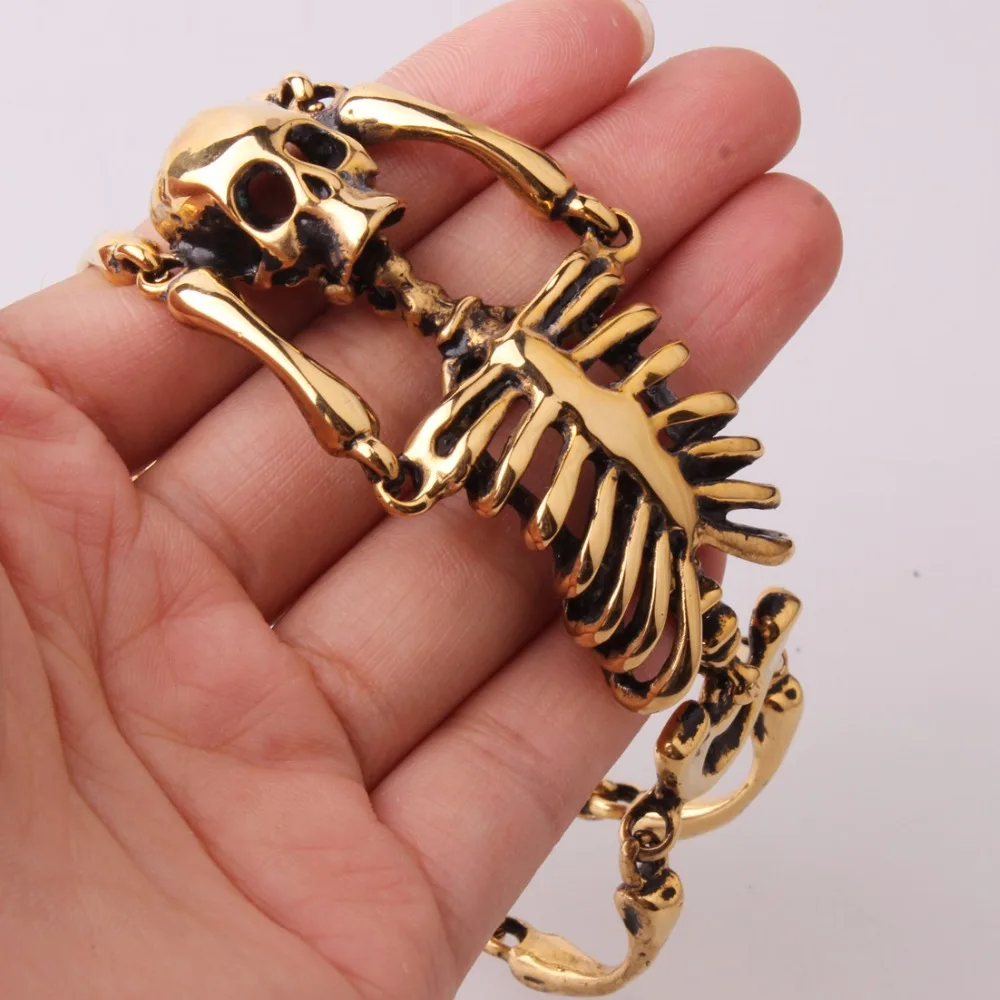 

8.26" Skull Bracelet Big Skeleton Bones Statement Punk Jewelry Gold Color Stainless Steel Halloween Gift Gothic Bracelets Men
