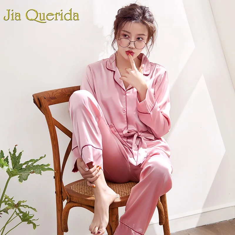 Женская атласная Шелковая пижама J & Q розовая блестящая дышащая Пижама с поясом