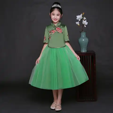 Детское платье принцессы, зеленое платье-Ципао с цветами, традиционная китайская Свадебная и Новогодняя одежда, весна 2018
