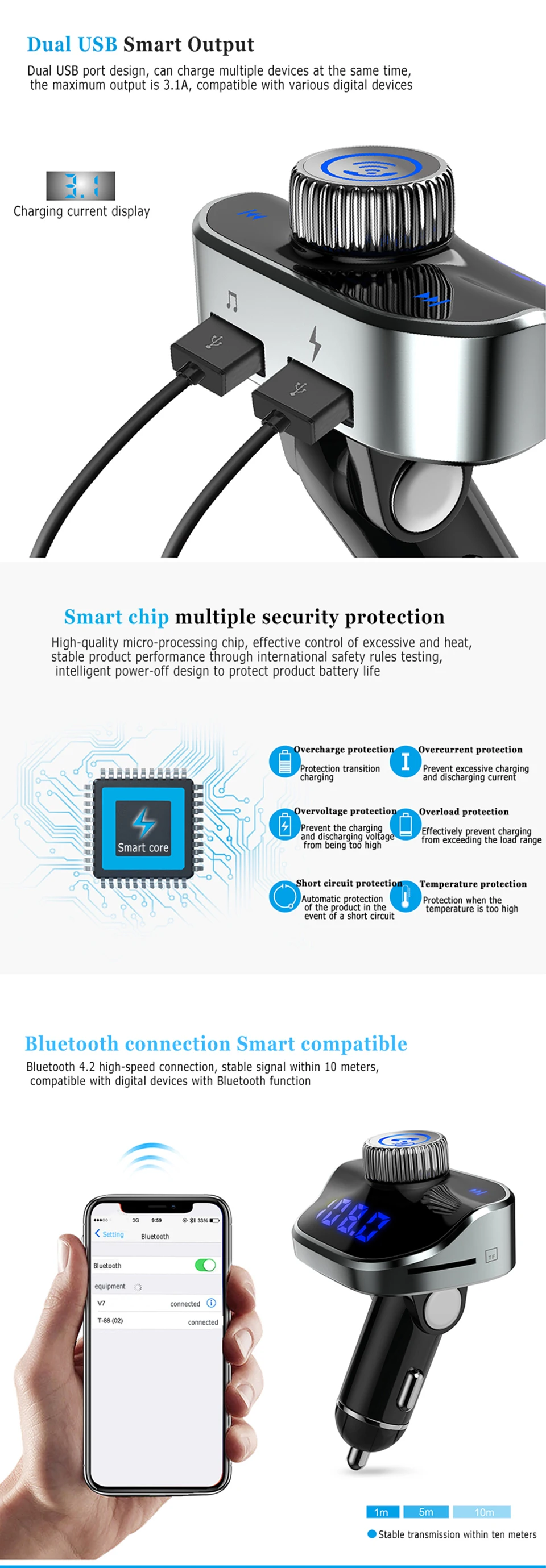 VJOYCAR Беспроводной Bluetooth Автомобильный fm-трансмиттер MP3 громкой связи Aux модулятор Dual USB Быстрый Зарядное устройство ЖК-дисплей Дисплей MP3 плеер