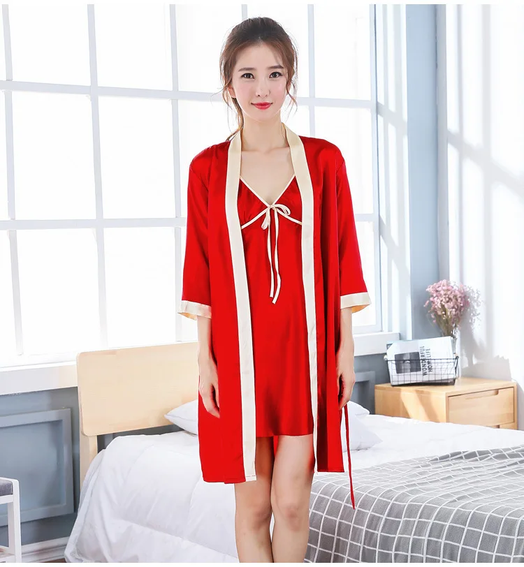 2018 Summer Sexy 2PC Nightgown Womens Robe Mini Kimono Bath Gown Faux Silk Sleepwear Casual Silky Sleepshirts Female Dress | Женская