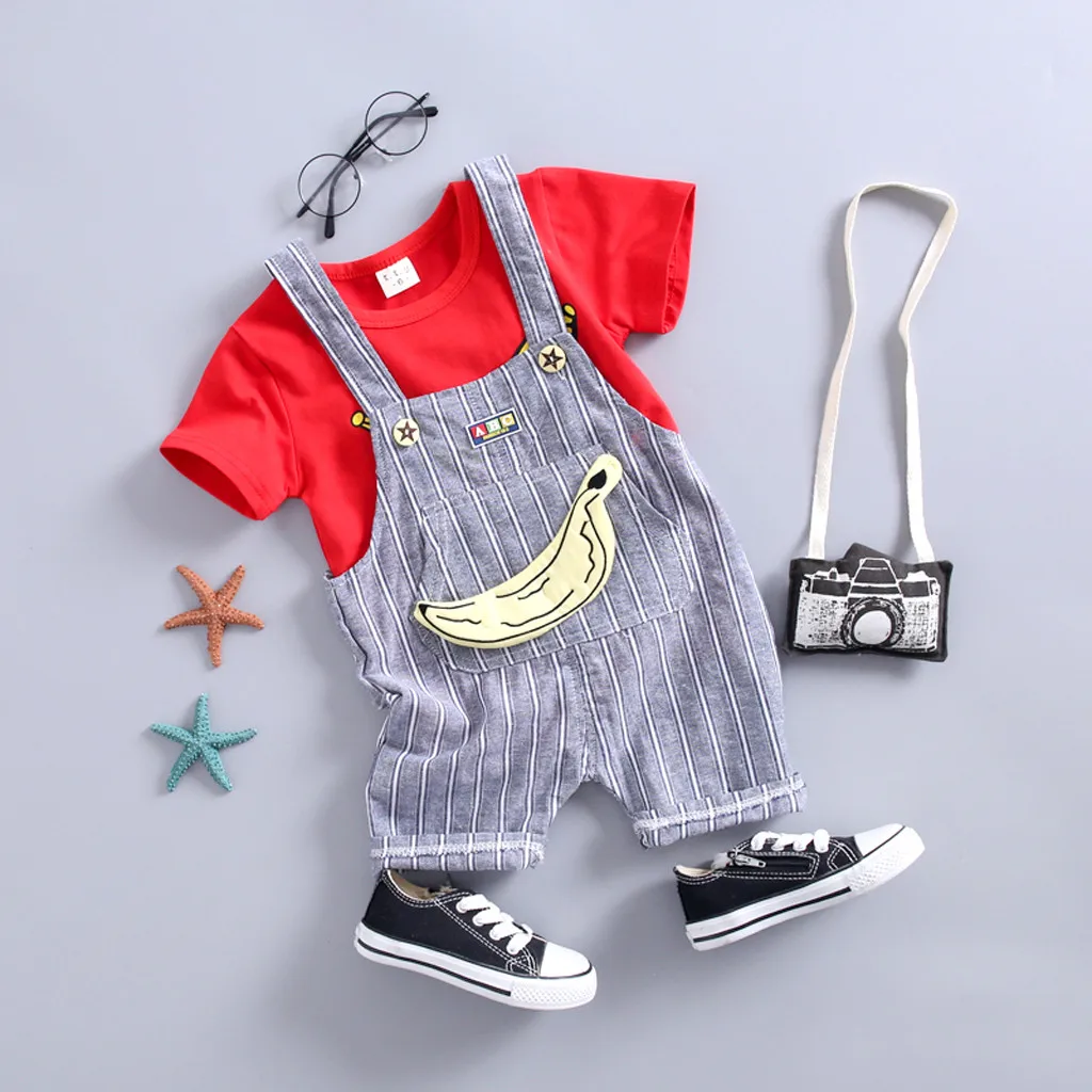 Summer Kids Baby Girl kid boy clothing set Cartton Print Tops T Shirt Overall Striped Pants Outfits Bebek giyim infantil #EW | Детская