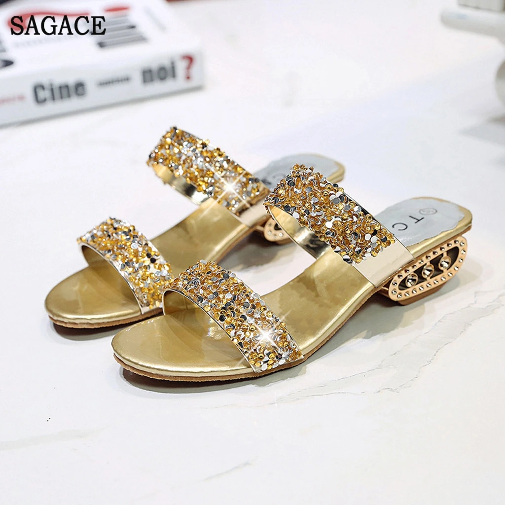 SAGACE женские пляжные сандалии на низком каблуке с блестками пикантные однотонные