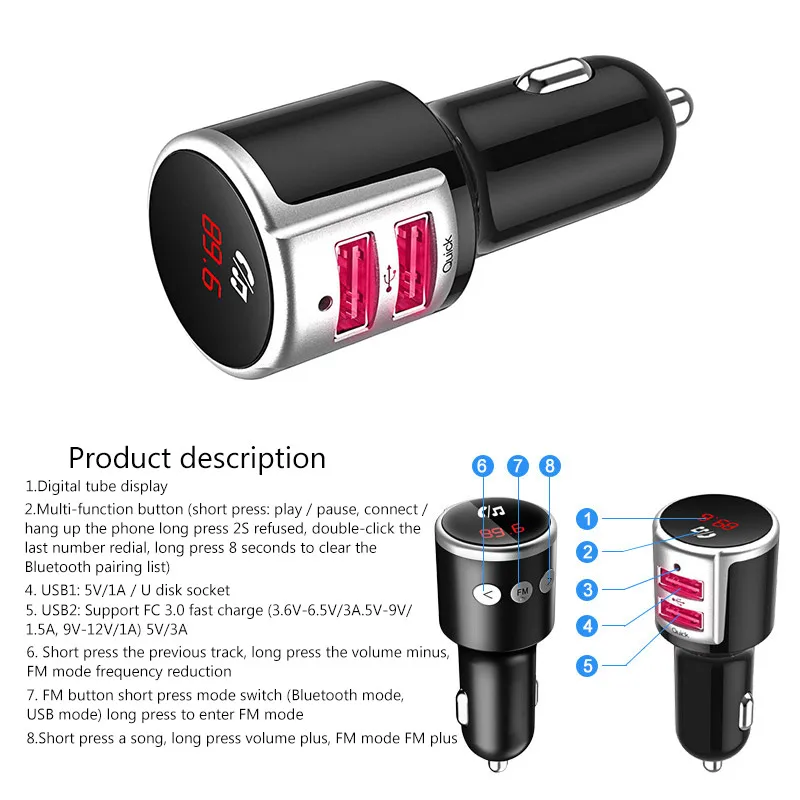 

Car Wireless Bluetooth Receiver MP3 Player Handsfree Phone Car FM Transmitter Dual USB Port Charging Car Kit FM Adapter