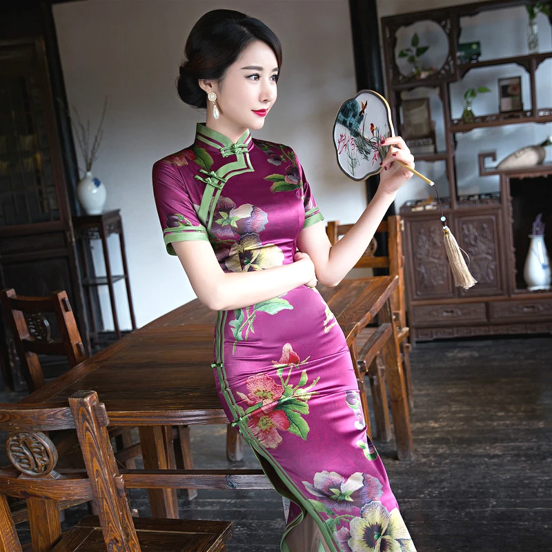 

Sheng Coco 4XL Purple Qipao Flowers Dresses Traditional Chinese Lady Long Silk Evening Dress Purple Brocade Novelty Cheongsam