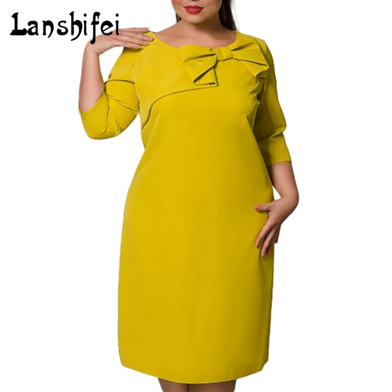 6XL, хит, стильное, элегантное, рукав до локтя, характерное, большой бант, вырез, большой размер, одноцветное, цветное, женское платье, для вечеринки