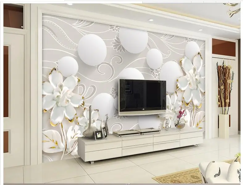 3D-обои на заказ Настенные рисунки с рисунком белых цветов для украшения гостиной