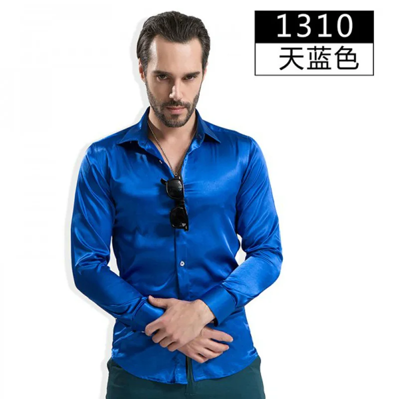 

Factory direct sales Imitation silk soft silky solid color long sleeve shirt Banquet performances show clothes fashion men shirt