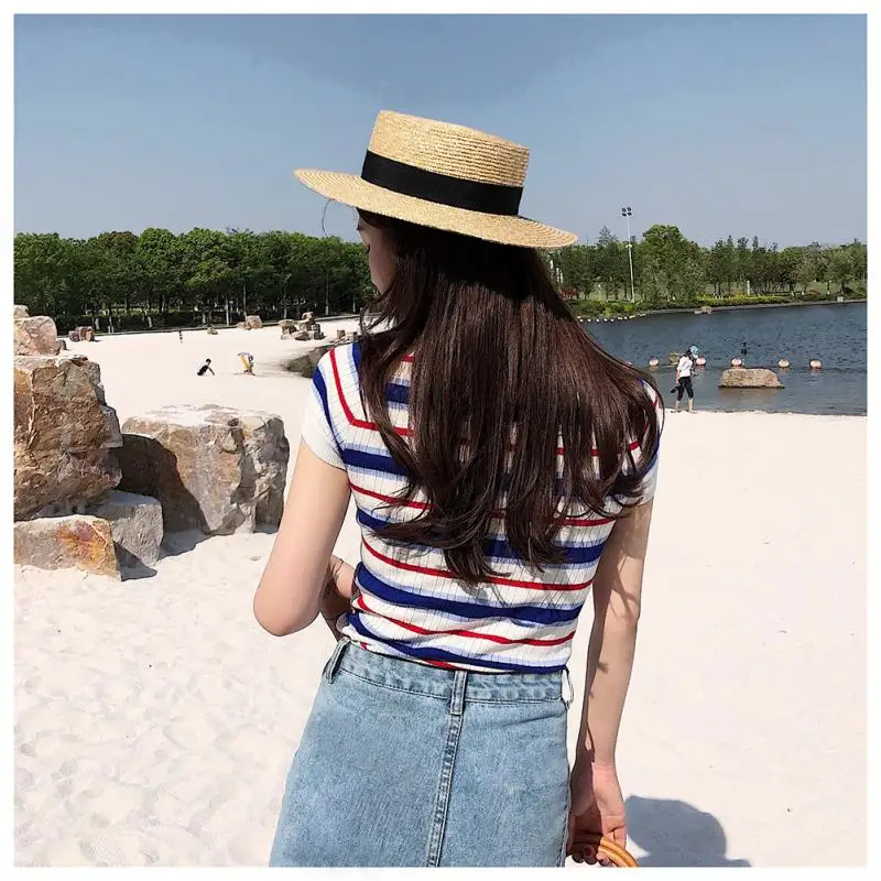 Классическая Летняя женская футболка в синюю и белую полоску стиле ретро с