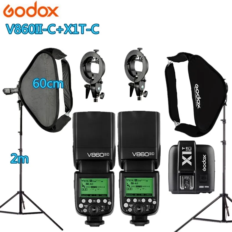 2X вспышки Godox V860IIC + 2 оссветильник ных стойки софтбокса 1 фотостудия с триггерами