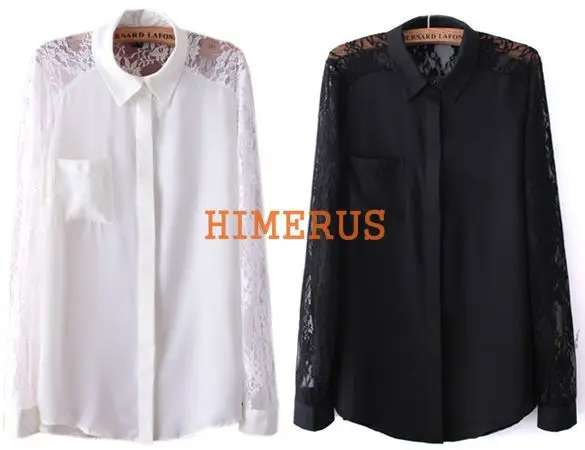 2014 New Fashion Korean Women's Tops Girl Long Sleeve Lace Shirt Chiffon Blouse Splicing White/Black Free shipping 11004 |