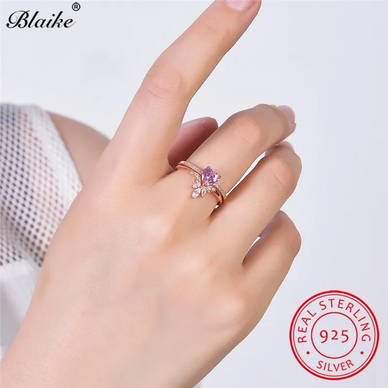 Blaike 925 пробы Серебряное кольцо комплект милый розовый сапфир камень свадебные