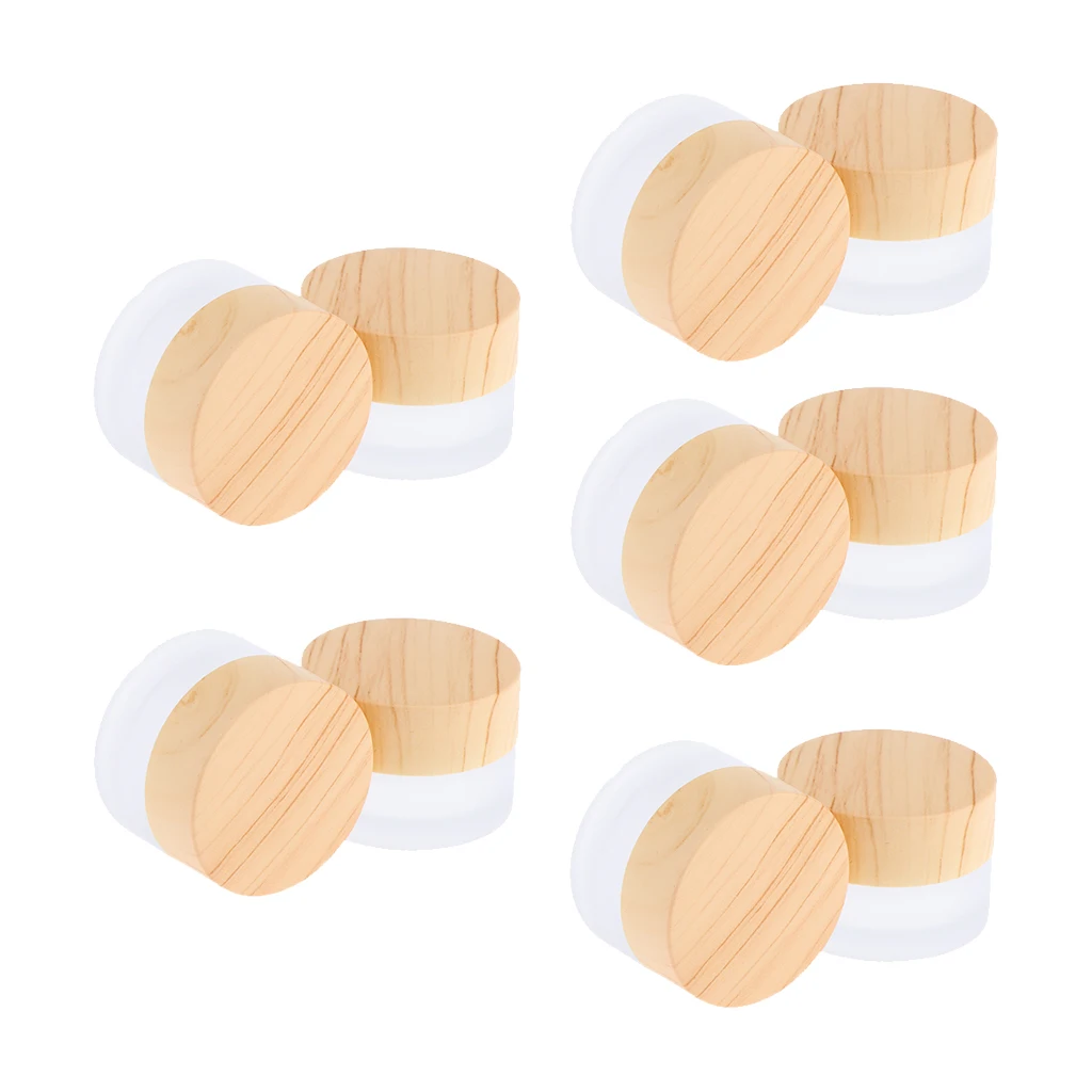 Set of 10 5g Environmental Wood Texture Lids Frosted Glass Bottles Cream Jars Empty Cosmetic Comtainers w/ Inner Linners | Красота и