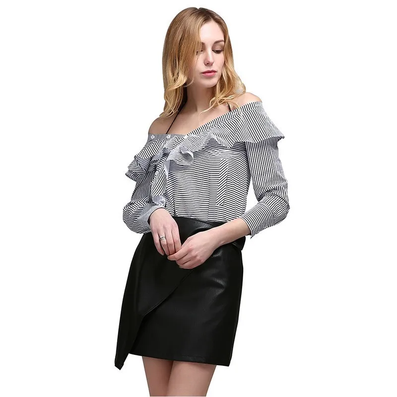 CHICEVER Summer T shirt For Women Striped Print Patchwork Ruffles Slash Neck Halter Loose Female Tops Clothing 2020 Fashion | Женская