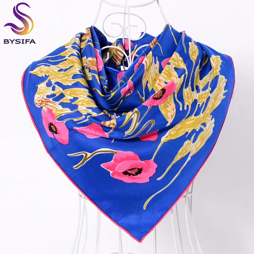 

[BYSIFA] Women Hijab Scarves New Blue Pink Floral Design Twill Square Scarves Printed Autumn Winter Brand Ladies Scarves 90*90cm