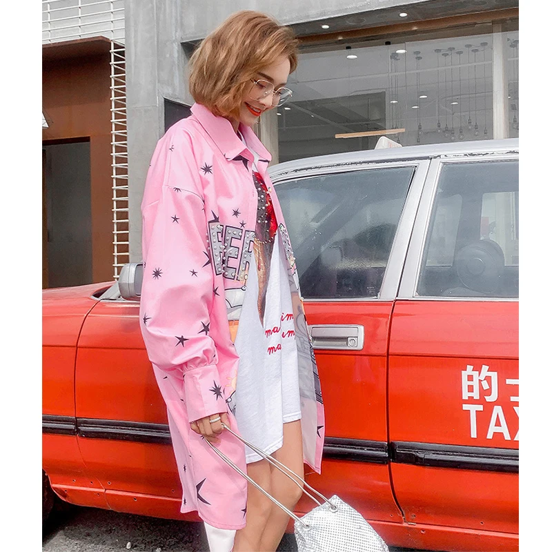 2019 весна мода мультфильм печати рубашки с бисером женщин длинным рукавом