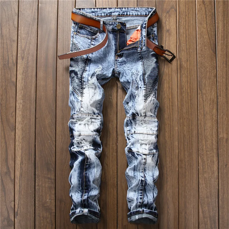 2017 new brand Men's Zipper Jeans Men Slim Fit Straight Moto Punk Dark Long Designer Nightclubs Mens Pleated Blue Pants | Мужская