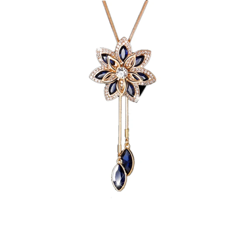 Zircon Black Snowflake Flower Long Necklace Sweater Chain Fashion Metal Crystal Pendant Necklaces | Украшения и аксессуары